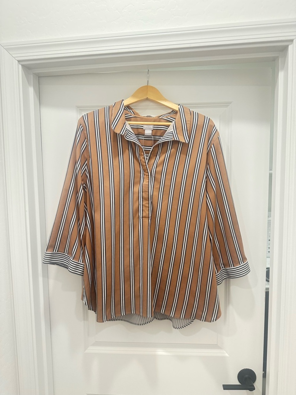 Chico's Tan, White & Black Vertical Stripe Collared Shirt